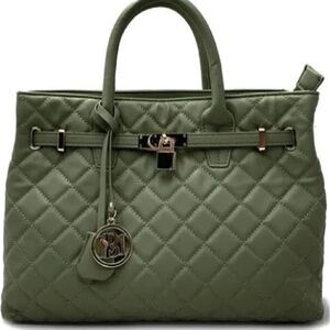 Green Quilted Tote with Metal Charm